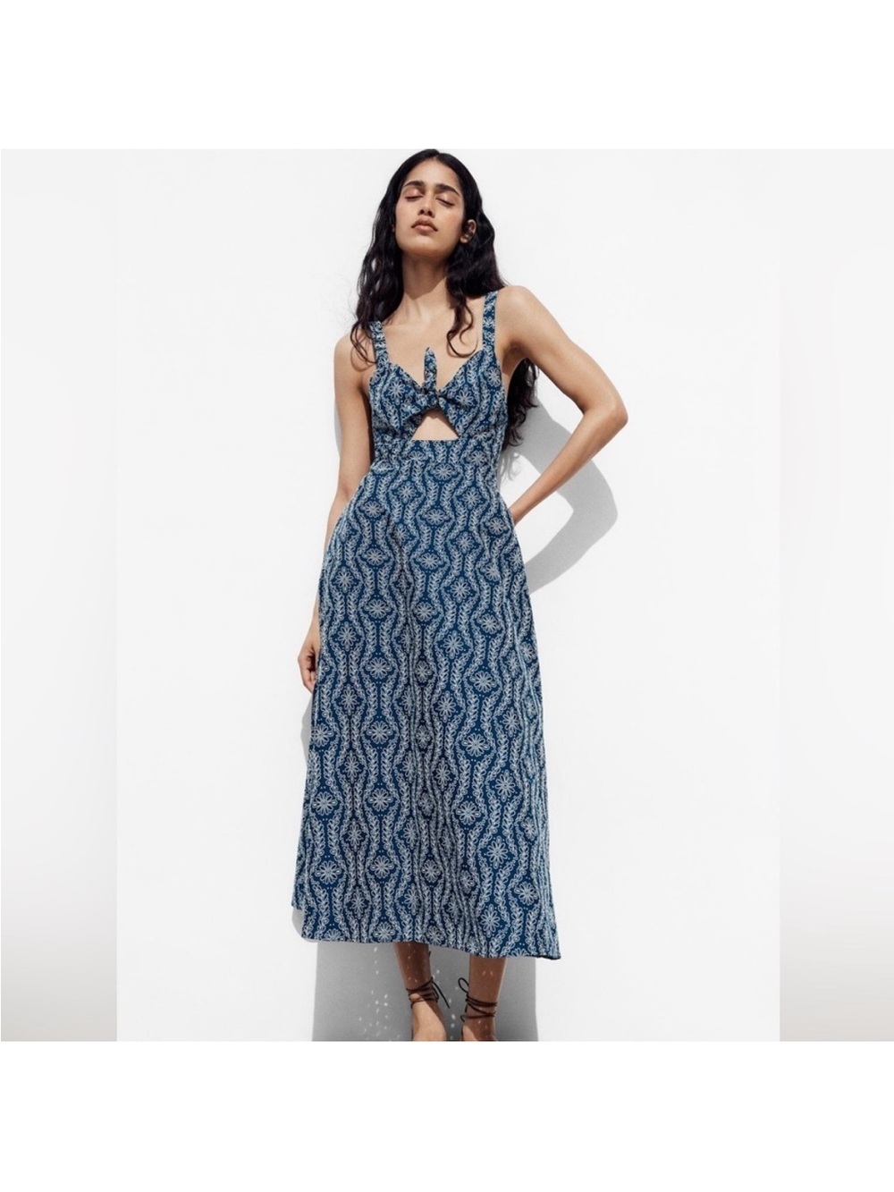 Zara Blue Jacquard Tie-Front Midi Dress